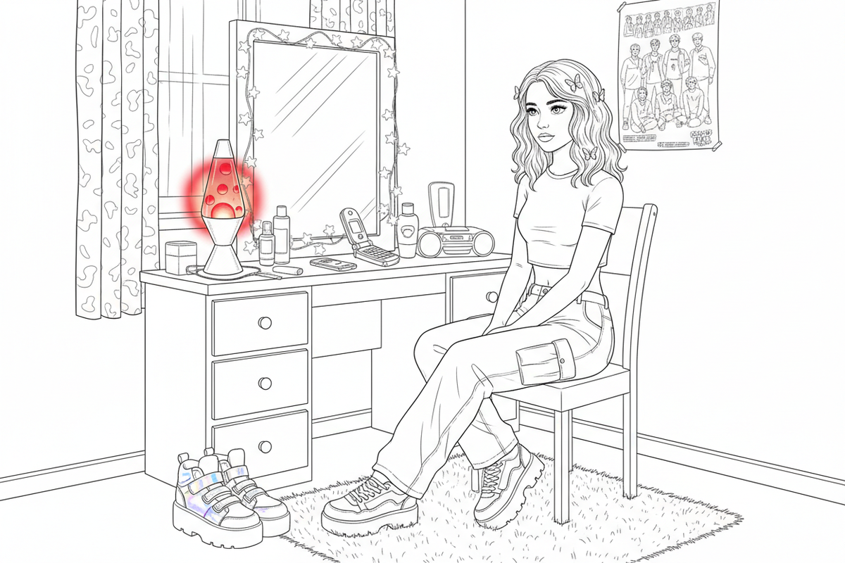 Realistic Y2K Scene Line Art